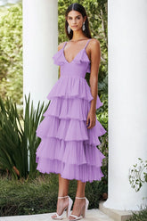 Lila Spaghettiträger Gestuftes Chiffon Abendkleid in A-Linie